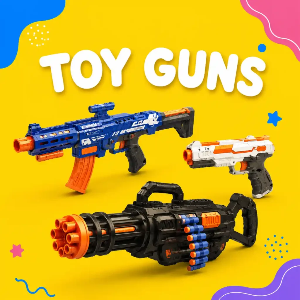 Toy guns including foam blasters and dart shooting toys