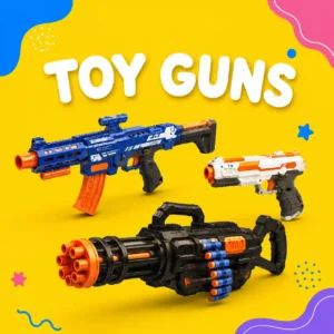 Toy guns including foam blasters and dart shooting toys