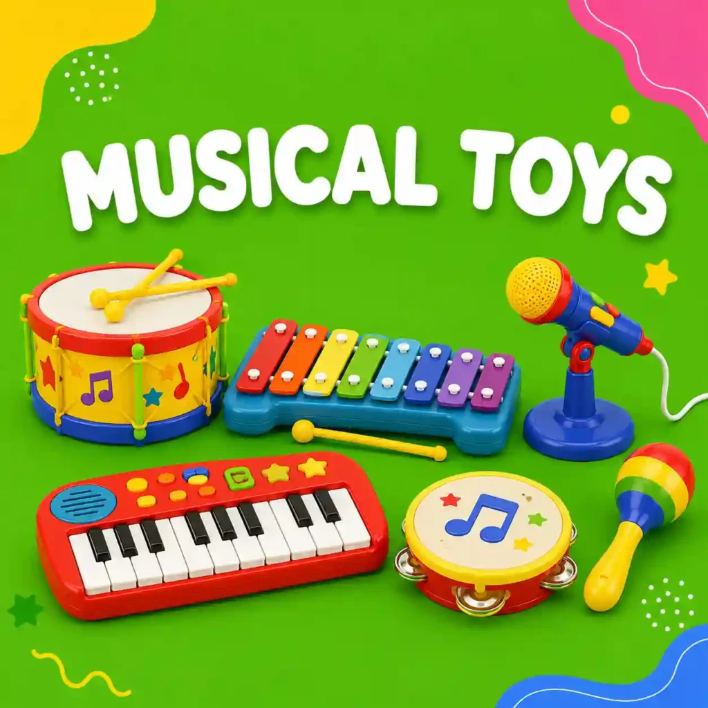 Musical toys for kids including pianos, drums, guitars and interactive music toys