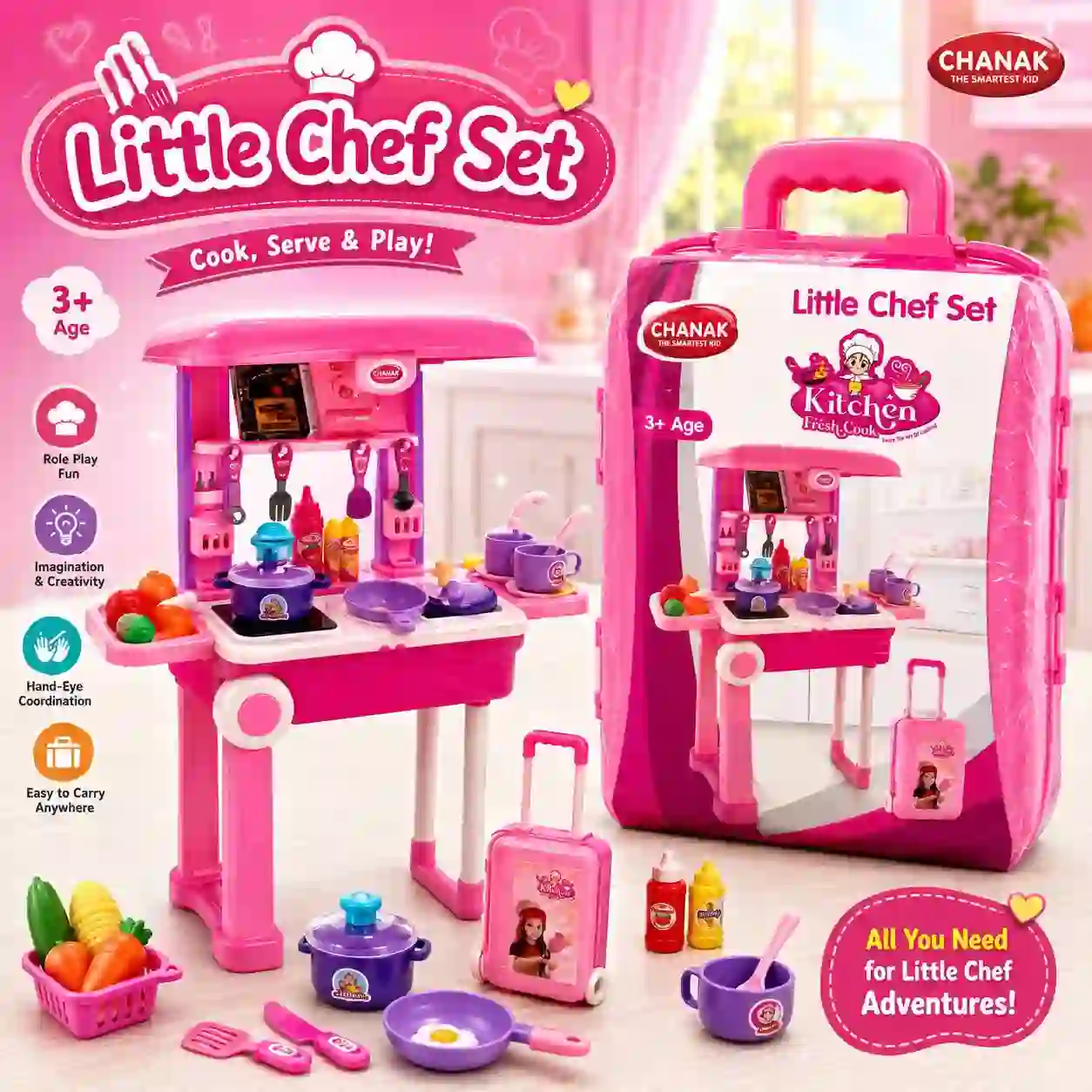 Little Chef Kitchen Play Set Trolley Suitcase Toy with Lights, Sounds, Cooking Accessories and Role Play Kitchen for Kids 3+ Years.
