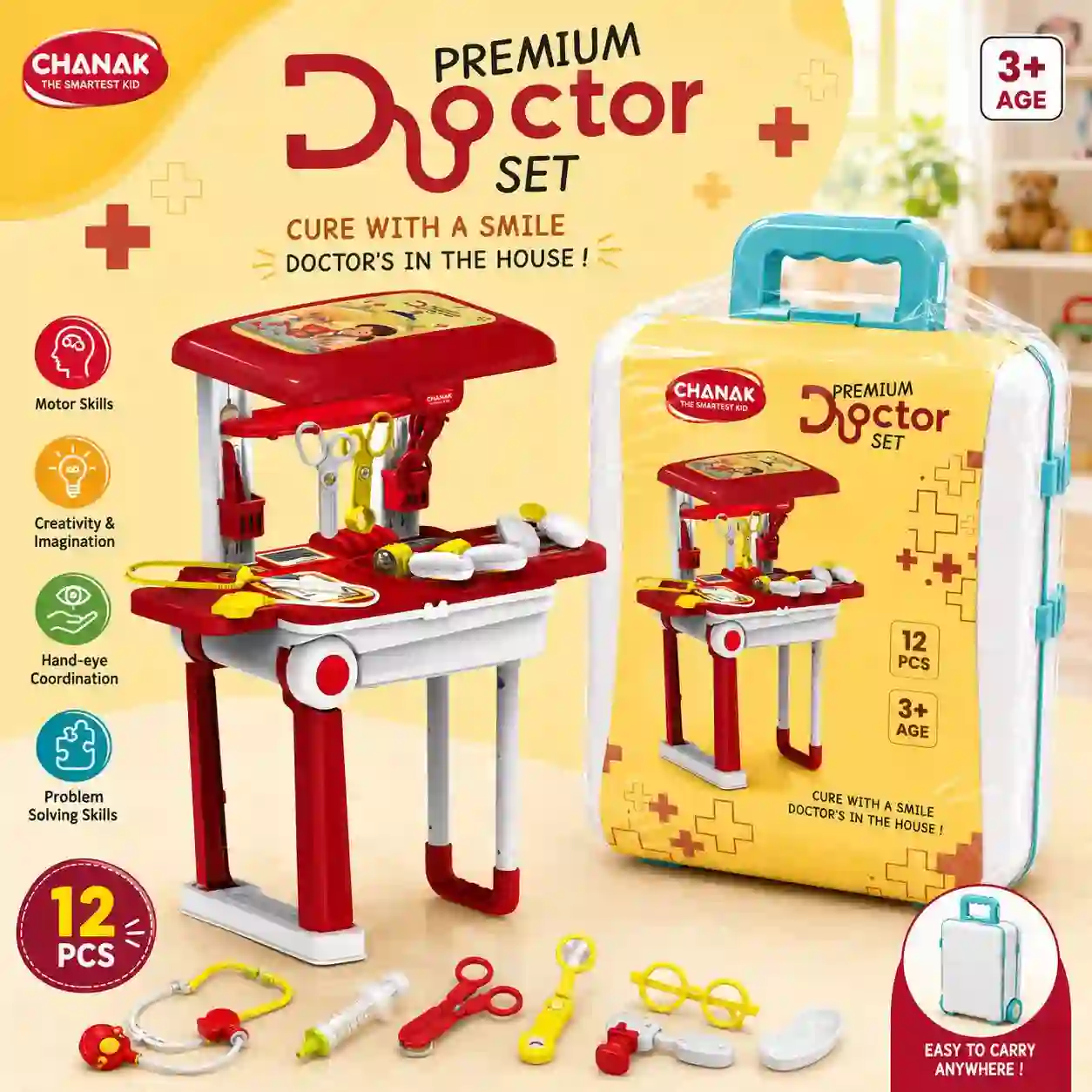 educational oys Premium Doctor Play Set Trolley Suitcase Medical Kit with Stethoscope, Syringe, Thermometer and Doctor Accessories for Kids 3+ Years.