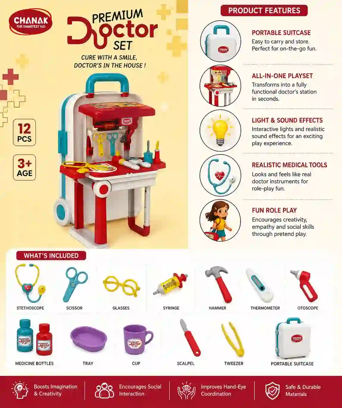 educational oys Premium Doctor Play Set Trolley Suitcase Medical Kit with Stethoscope, Syringe, Thermometer and Doctor Accessories for Kids 3+ Years.