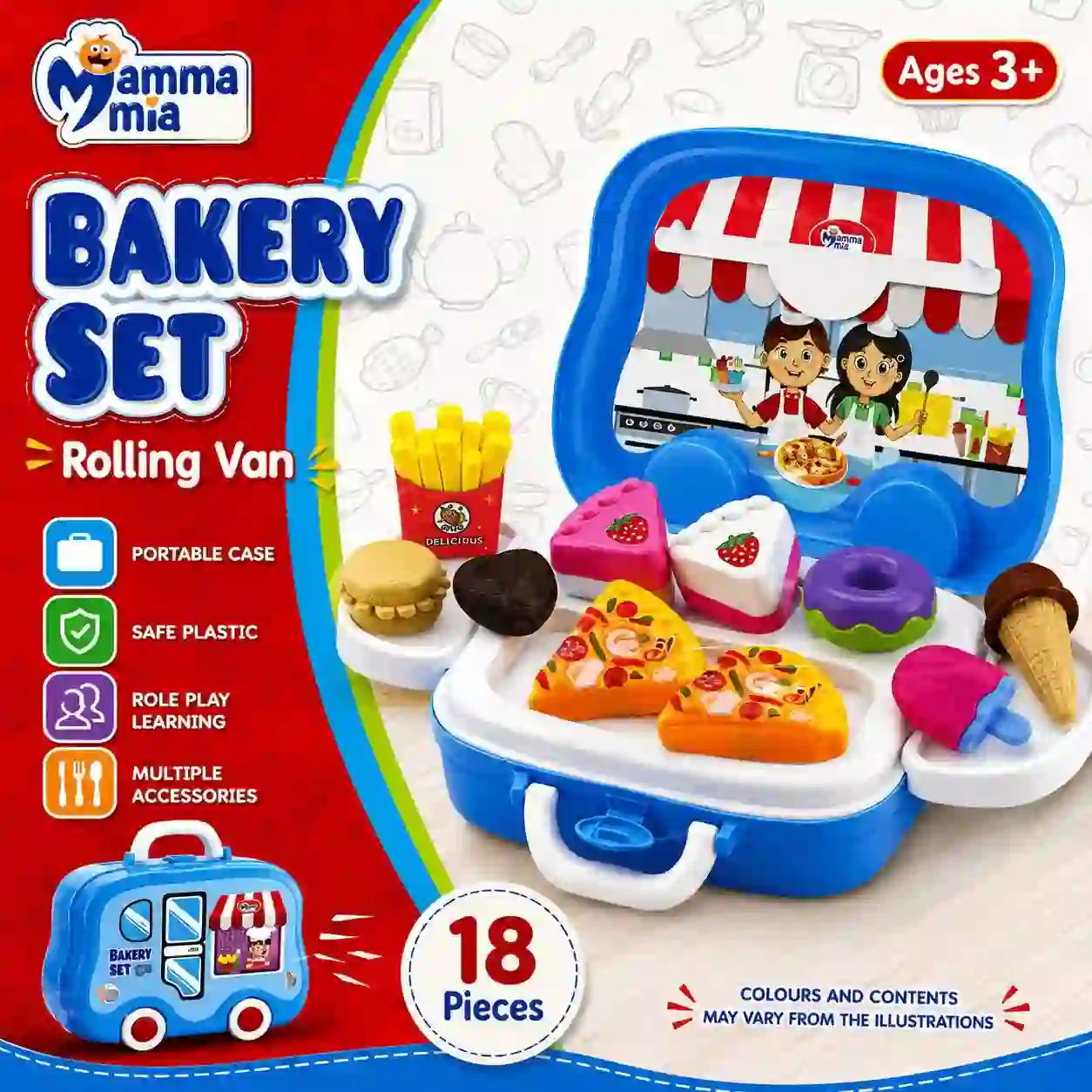 18 Pieces Bakery Set Rolling Van Case Pretend Play Food Toy for Kids 18 Pieces Bakery Set Rolling Van Case Pretend Play Food Toy for Kids