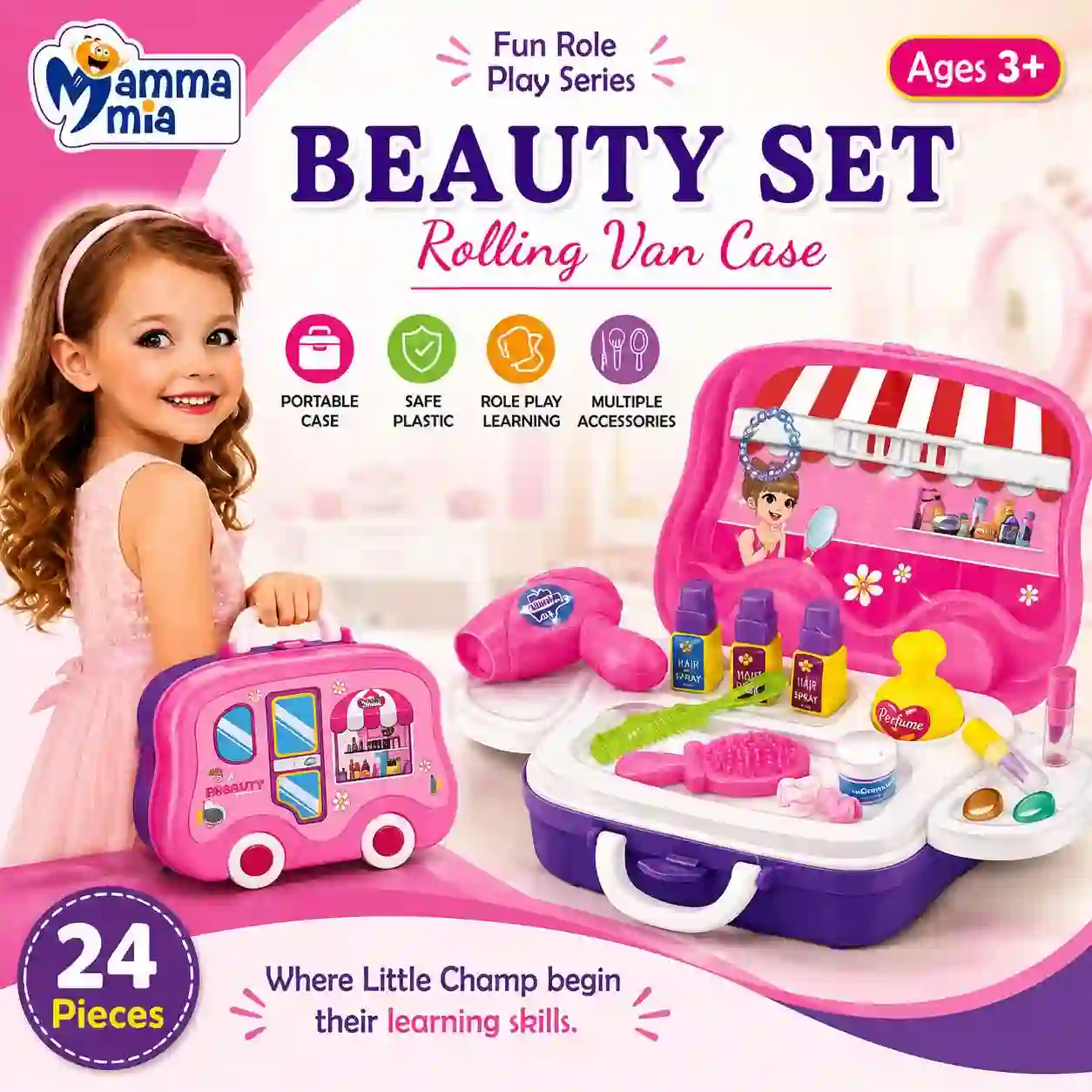 24 Pieces Beauty Set Rolling Van Case Makeup & Salon Role Play Toy for Kids 24 Pieces Beauty Set Rolling Van Case Makeup & Salon Role Play Toy for Kids