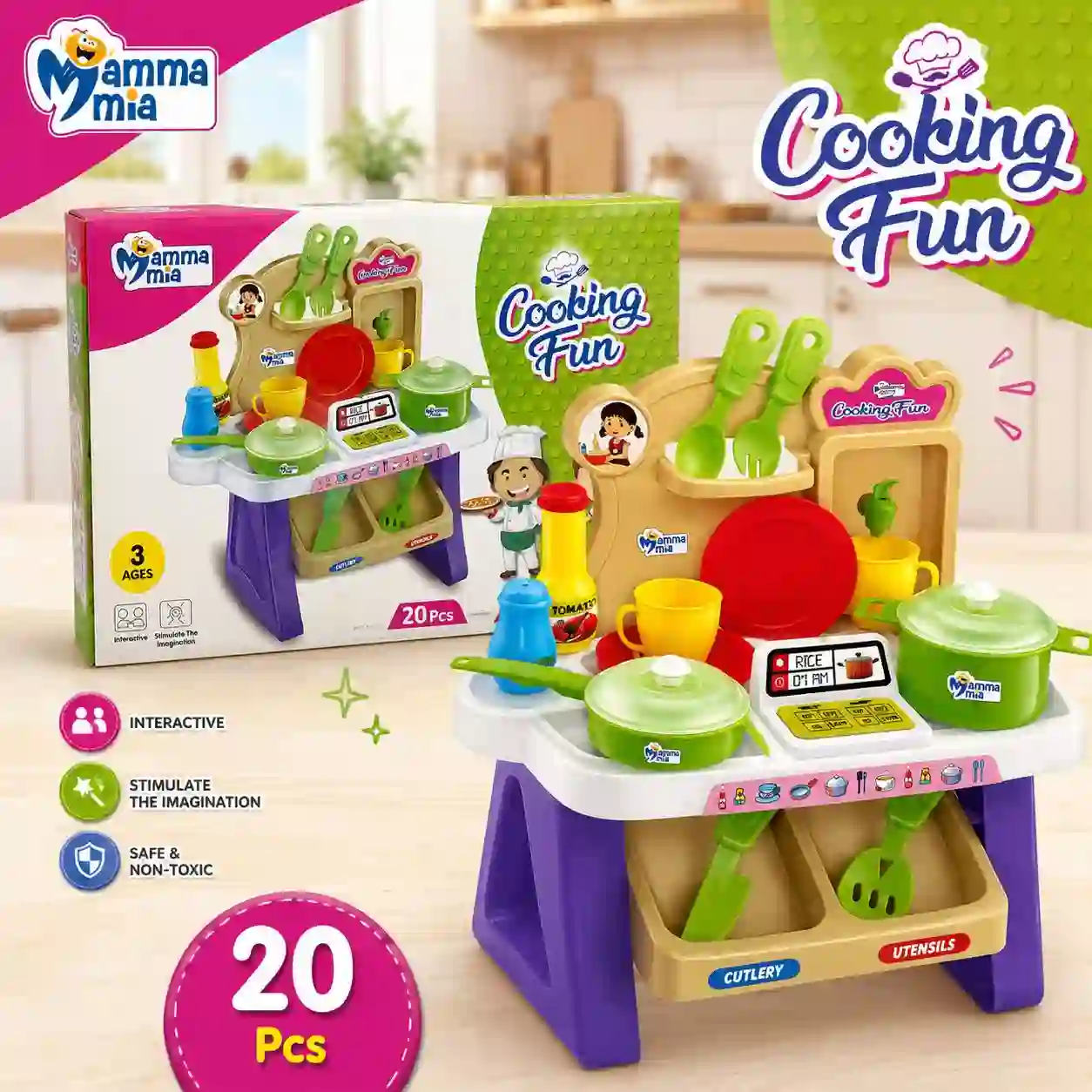 Cooking Fun Kitchen Play Set 20 PCS Pretend Cooking Toy for Kids