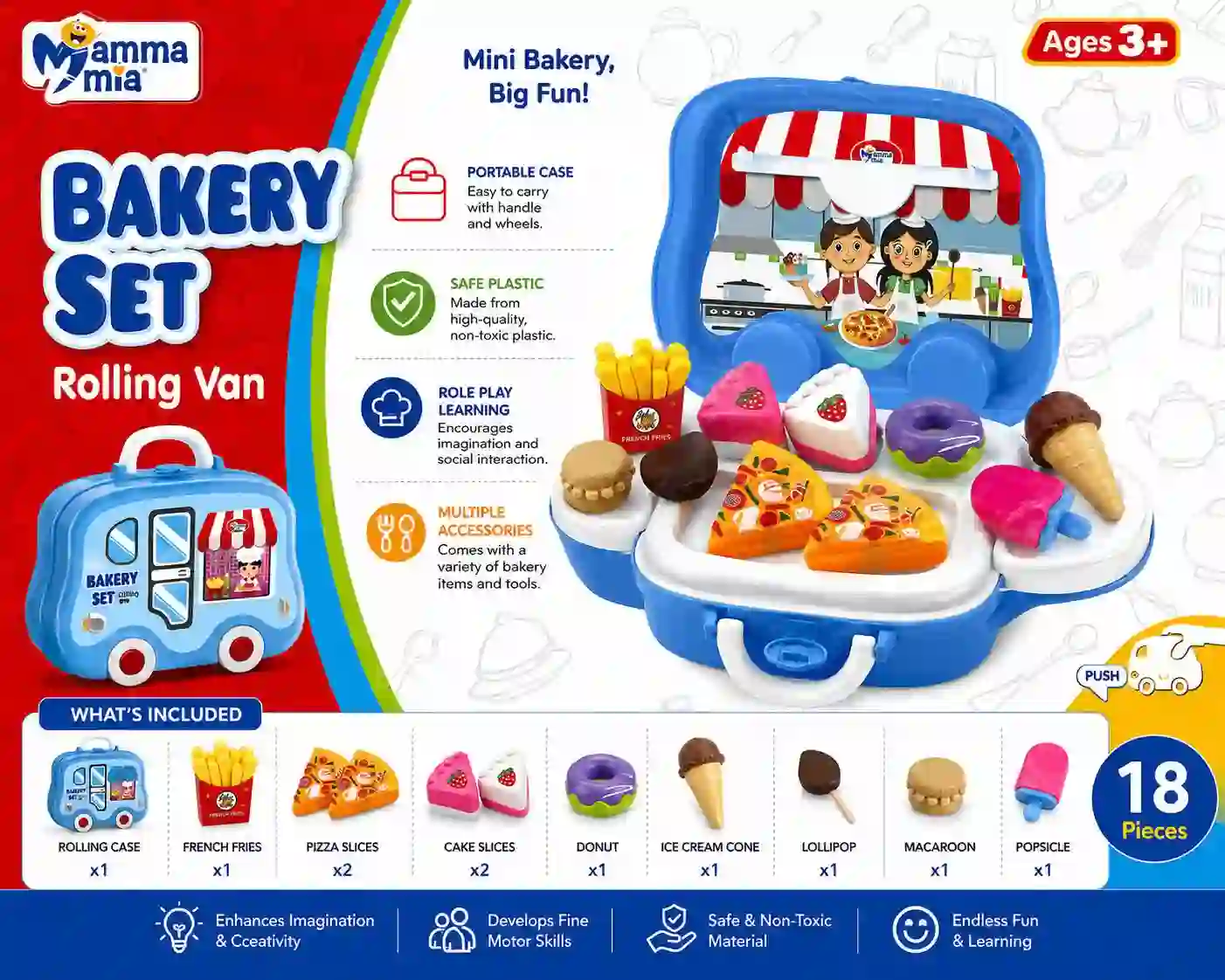 18 Pieces Bakery Set Rolling Van Case Pretend Play Food Toy for Kids 18 Pieces Bakery Set Rolling Van Case Pretend Play Food Toy for Kids