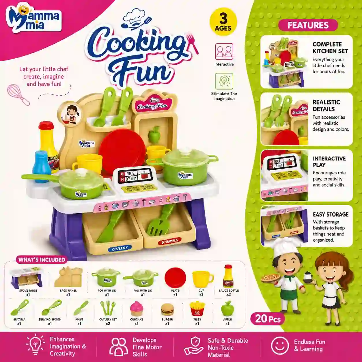Cooking Fun Kitchen Play Set 20 PCS Pretend Cooking Toy for Kids
