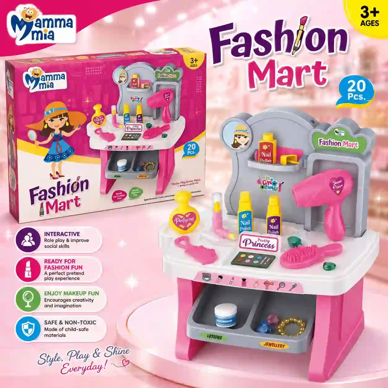 Fashion Mart Beauty Salon Play Set 20 PCS Pretend Makeup Toy for Kids