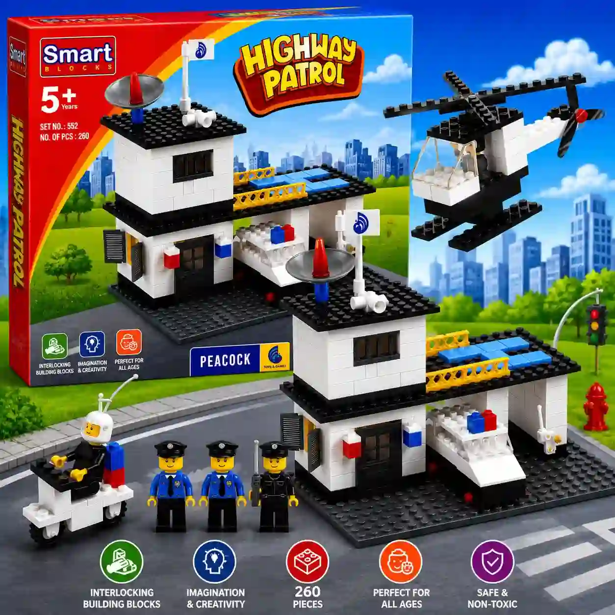 Highway Patrol Building Blocks Set 260 Pieces Police Station Helicopter Construction Toy for Kids 5 Plus
