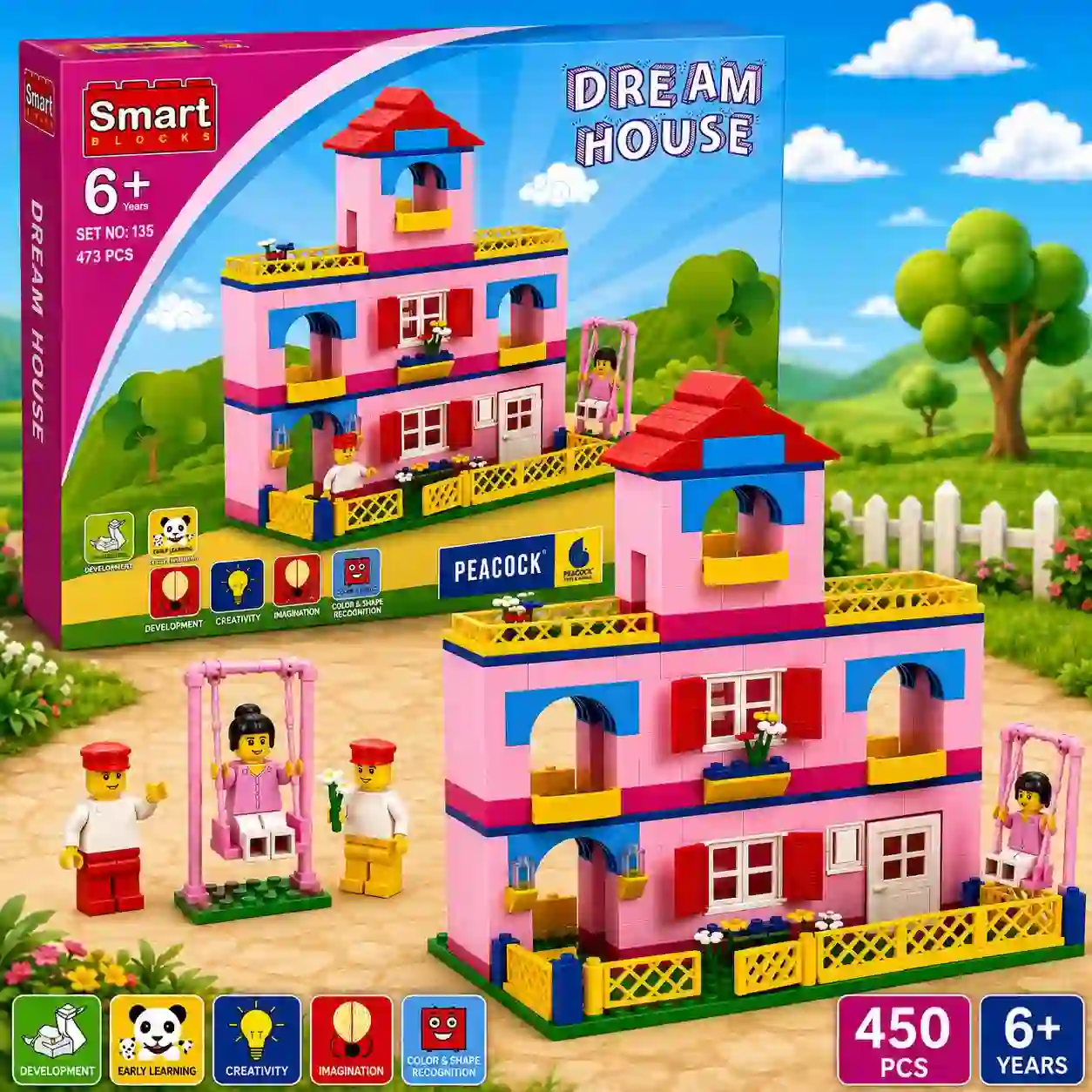 Dream House Building Blocks Set 450 Pieces Doll House Construction Toy with Swing and Figures for Kids