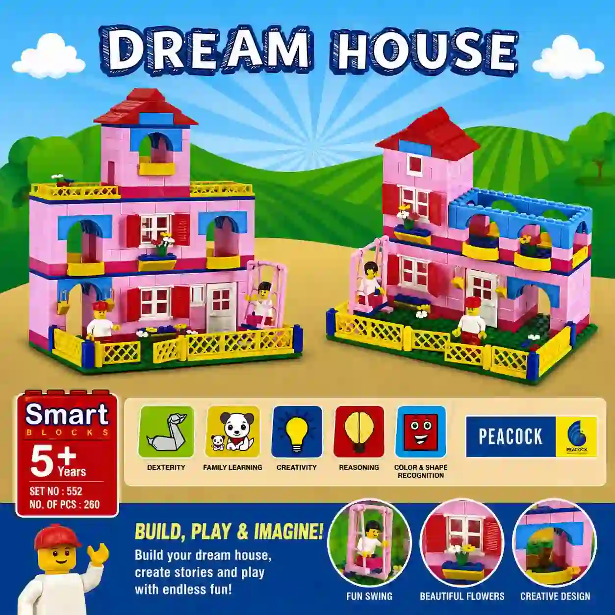 Dream House Building Blocks Set 450 Pieces Doll House Construction Toy with Swing and Figures for Kids