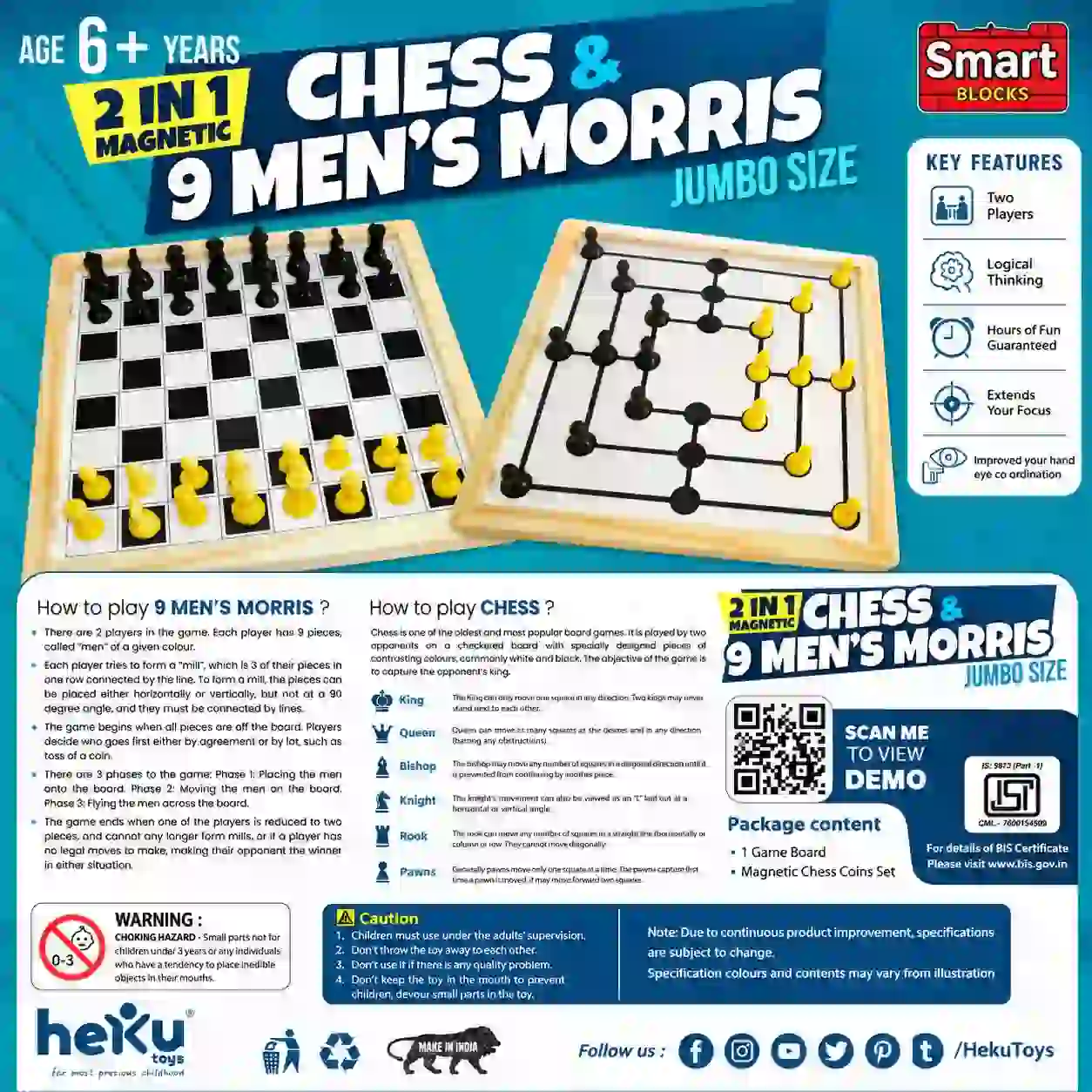 2 in 1 Magnetic Chess and 9 Mens Morris Jumbo Size Board Game with Magnetic Pieces for Kids and Adults
