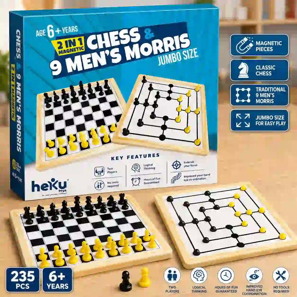 2 in 1 Magnetic Chess and 9 Mens Morris Jumbo Size Board Game with Magnetic Pieces for Kids and Adults