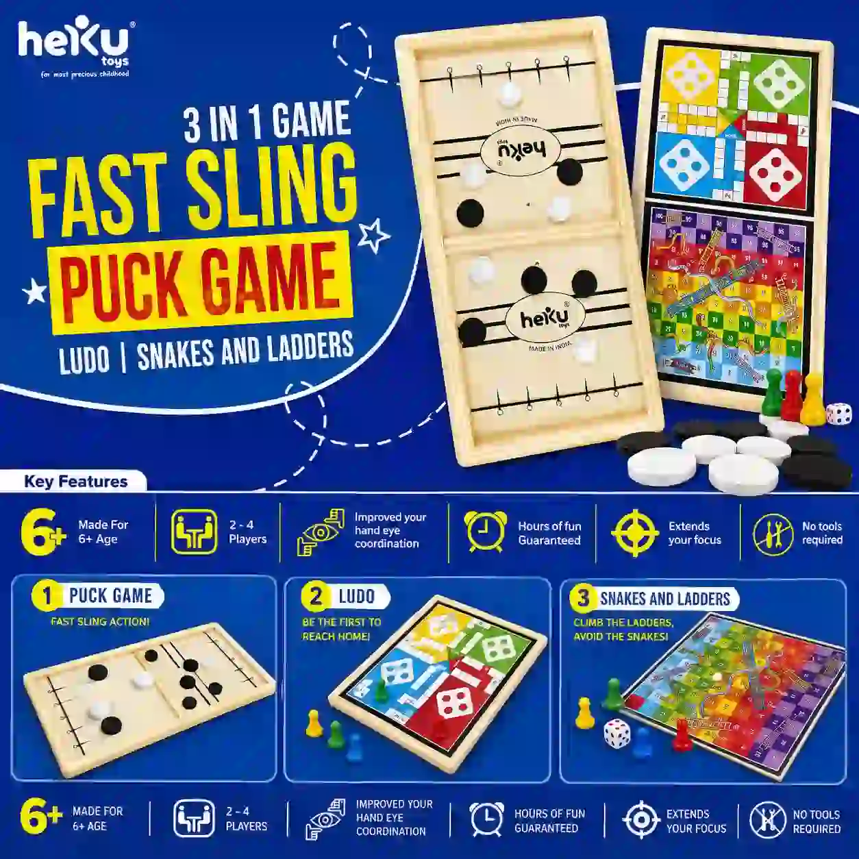 3-in-1 Fast Sling Puck Wooden Board Game with Ludo and Snakes & Ladders for Kids and Family, Includes Pucks, Dice and Game Tokens