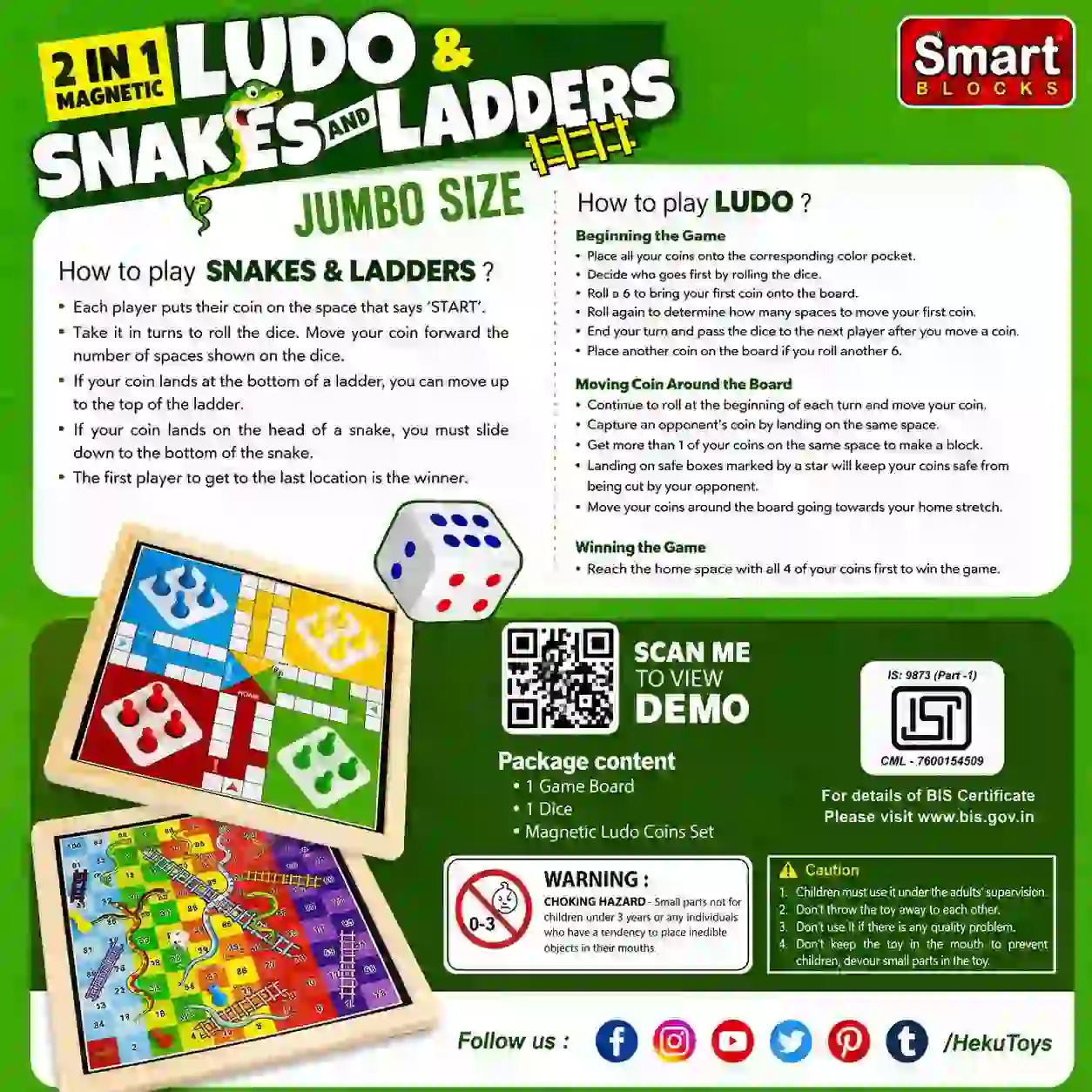 2 in 1 Magnetic Ludo and Snakes and Ladders Jumbo Size Board Game with Magnetic Pieces for Kids and Family