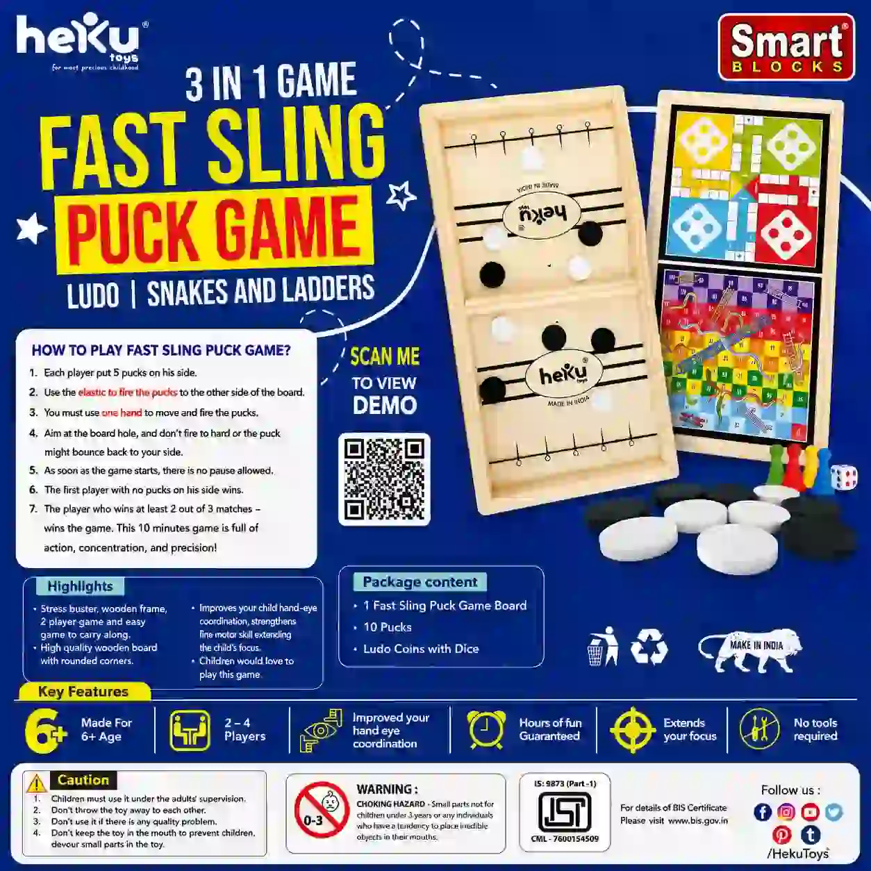 3-in-1 Fast Sling Puck Wooden Board Game with Ludo and Snakes & Ladders for Kids and Family, Includes Pucks, Dice and Game Tokens