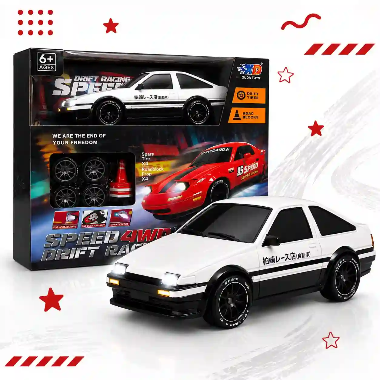 1:24 Scale RC Drift Racing Car with LED Lights, Drift Tires & Roadblocks – 2.4GHz Remote Control Car